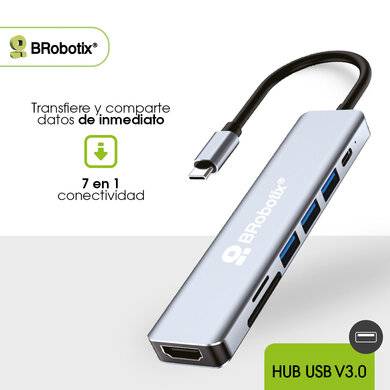 DOCKING 7 EN 1: CONECTOR USB TIPO C A HDMI 4K30HZ - 3 PUERTOS USB TIPO A 3.0, LECTORES SD/TF Y USB TIPO C, PD 100W, BROBOTIX 406979